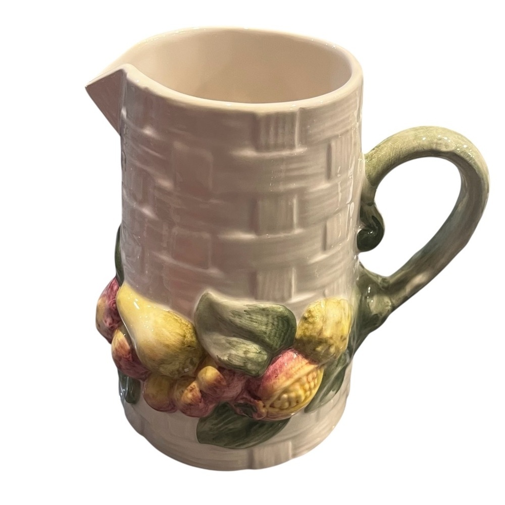 Vintage Italian Majolica Basketweave Pitcher Dimensional Fruit Signed